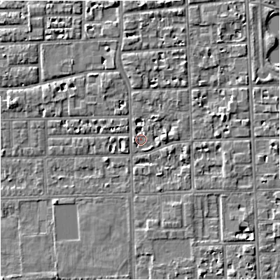 Shaded relief map of the ground around M168JW, computed from Environment Agency LiDAR. The ground here sits at about 30 m above sea level and falls 5 m across the surrounding 800 m. Surface water reaching this point runs off ground lying to the east-north-east, 3.1 m higher.
