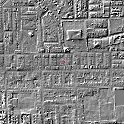 Shaded relief map of the ground around M168JX, computed from Environment Agency LiDAR. The ground here sits at about 29 m above sea level and falls 4 m across the surrounding 800 m. Surface water reaching this point runs off ground lying to the east, 0.9 m higher.