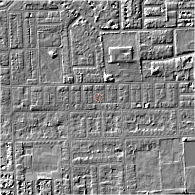 Shaded relief map of the ground around M168JY, computed from Environment Agency LiDAR. The ground here sits at about 29 m above sea level and falls 4 m across the surrounding 800 m. Surface water reaching this point runs off ground lying to the east, 0.9 m higher.