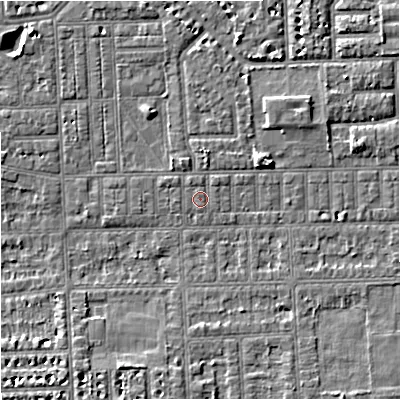 Shaded relief map of the ground around M168JZ, computed from Environment Agency LiDAR. The ground here sits at about 29 m above sea level and falls 5 m across the surrounding 800 m. Surface water reaching this point runs off ground lying to the east-north-east, 2.9 m higher.