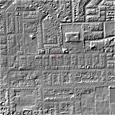 Shaded relief map of the ground around M168LE, computed from Environment Agency LiDAR. The ground here sits at about 29 m above sea level and falls 4 m across the surrounding 800 m. Surface water reaching this point runs off ground lying to the east-north-east, 2.8 m higher.