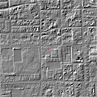 Shaded relief map of the ground around M168LF, computed from Environment Agency LiDAR. The ground here sits at about 30 m above sea level and falls 5 m across the surrounding 800 m. Surface water reaching this point runs off ground lying to the east, 3.5 m higher.