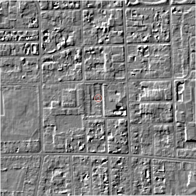 Shaded relief map of the ground around M168LP, computed from Environment Agency LiDAR. The ground here sits at about 30 m above sea level and falls 4 m across the surrounding 800 m. Surface water reaching this point runs off ground lying to the south, 1.7 m higher.