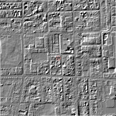 Shaded relief map of the ground around M168LR, computed from Environment Agency LiDAR. The ground here sits at about 31 m above sea level and falls 5 m across the surrounding 800 m. Surface water reaching this point runs off ground lying to the south-east, 1.5 m higher.