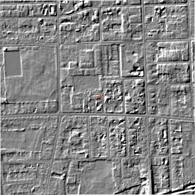 Shaded relief map of the ground around M168LS, computed from Environment Agency LiDAR. The ground here sits at about 31 m above sea level and falls 8 m across the surrounding 800 m. Surface water reaching this point runs off ground lying to the east, 1.7 m higher.