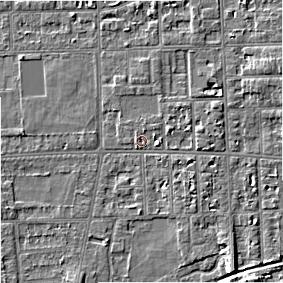 Shaded relief map of the ground around M168LT, computed from Environment Agency LiDAR. The ground here sits at about 30 m above sea level and falls 7 m across the surrounding 800 m. Surface water reaching this point runs off ground lying to the east, 2.2 m higher.