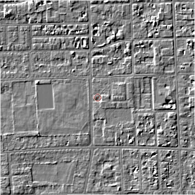 Shaded relief map of the ground around M168LU, computed from Environment Agency LiDAR. The ground here sits at about 30 m above sea level and falls 3 m across the surrounding 800 m. Surface water reaching this point runs off ground lying to the south-east, 2.2 m higher.