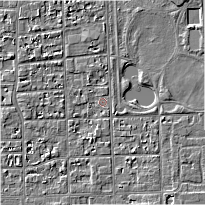 Shaded relief map of the ground around M168LW, computed from Environment Agency LiDAR. The ground here sits at about 30 m above sea level and falls 6 m across the surrounding 800 m. Surface water reaching this point runs off ground lying to the north-east, 4.2 m higher.