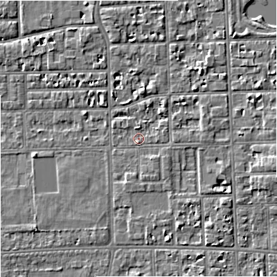 Shaded relief map of the ground around M168LZ, computed from Environment Agency LiDAR. The ground here sits at about 30 m above sea level and falls 5 m across the surrounding 800 m. Surface water reaching this point runs off ground lying to the south, 1.3 m higher.
