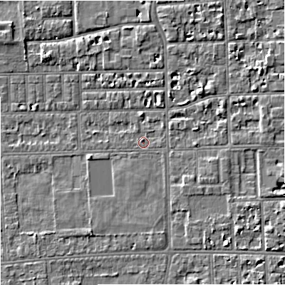 Shaded relief map of the ground around M168NA, computed from Environment Agency LiDAR. The ground here sits at about 29 m above sea level and falls 5 m across the surrounding 800 m. Surface water reaching this point runs off ground lying to the south-east, 2.4 m higher.