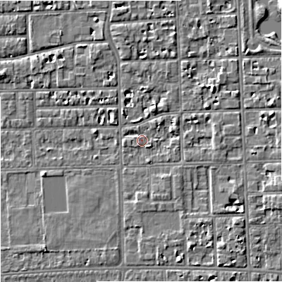 Shaded relief map of the ground around M168NB, computed from Environment Agency LiDAR. The ground here sits at about 30 m above sea level and falls 5 m across the surrounding 800 m. Surface water reaching this point runs off ground lying to the east, 1.8 m higher.