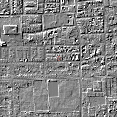 Shaded relief map of the ground around M168ND, computed from Environment Agency LiDAR. The ground here sits at about 30 m above sea level and falls 5 m across the surrounding 800 m. Surface water reaching this point runs off ground lying to the east, 2.3 m higher.
