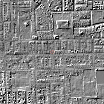 Shaded relief map of the ground around M168NE, computed from Environment Agency LiDAR. The ground here sits at about 29 m above sea level and falls 4 m across the surrounding 800 m. Surface water reaching this point runs off ground lying to the east-north-east, 2.3 m higher.