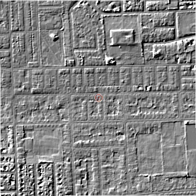 Shaded relief map of the ground around M168NF, computed from Environment Agency LiDAR. The ground here sits at about 28 m above sea level and falls 4 m across the surrounding 800 m. Surface water reaching this point runs off ground lying to the east-north-east, 2.2 m higher.