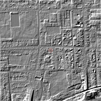 Shaded relief map of the ground around M168NG, computed from Environment Agency LiDAR. The ground here sits at about 30 m above sea level and falls 7 m across the surrounding 800 m. Surface water reaching this point runs off ground lying to the south-east, 4.2 m higher.