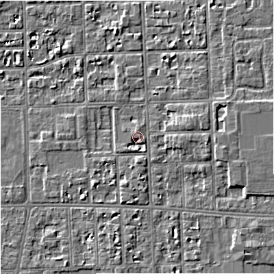 Shaded relief map of the ground around M168NH, computed from Environment Agency LiDAR. The ground here sits at about 31 m above sea level and falls 4 m across the surrounding 800 m. Surface water reaching this point runs off ground lying to the south, 3.1 m higher.