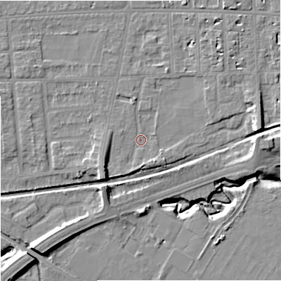 Shaded relief map of the ground around M168NL, computed from Environment Agency LiDAR. The ground here sits at about 30 m above sea level and falls 11 m across the surrounding 800 m. Surface water reaching this point runs off ground lying to the south-west, 4.4 m higher.