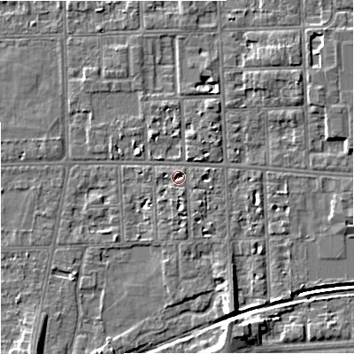 Shaded relief map of the ground around M168NP, computed from Environment Agency LiDAR. The ground here sits at about 30 m above sea level and falls 8 m across the surrounding 800 m. Surface water reaching this point runs off ground lying to the south-south-east, 5.4 m higher.