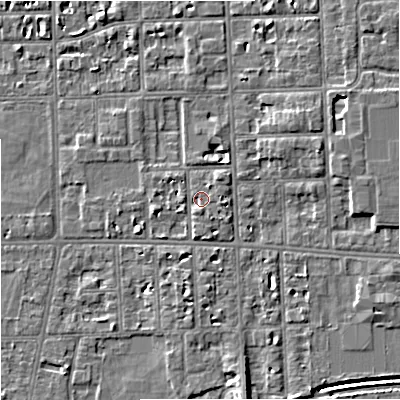 Shaded relief map of the ground around M168NQ, computed from Environment Agency LiDAR. The ground here sits at about 31 m above sea level and falls 7 m across the surrounding 800 m. Surface water reaching this point runs off ground lying to the south-east, 1.0 m higher.