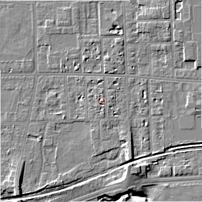Shaded relief map of the ground around M168NS, computed from Environment Agency LiDAR. The ground here sits at about 31 m above sea level and falls 9 m across the surrounding 800 m. Surface water reaching this point runs off ground lying to the south-south-east, 1.5 m higher.
