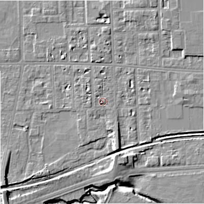 Shaded relief map of the ground around M168NT, computed from Environment Agency LiDAR. The ground here sits at about 31 m above sea level and falls 11 m across the surrounding 800 m. Surface water reaching this point runs off ground lying to the west-north-west, 1.2 m higher.