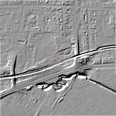 Shaded relief map of the ground around M168NW, computed from Environment Agency LiDAR. The ground here sits at about 30 m above sea level and falls 11 m across the surrounding 800 m. Surface water reaching this point runs off ground lying to the north-north-east, 1.4 m higher.