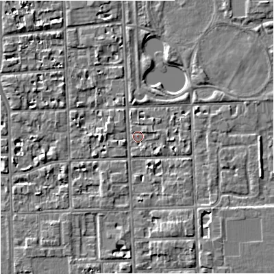 Shaded relief map of the ground around M168NZ, computed from Environment Agency LiDAR. The ground here sits at about 30 m above sea level and falls 4 m across the surrounding 800 m. Surface water reaching this point runs off ground lying to the south-south-east, 3.3 m higher.