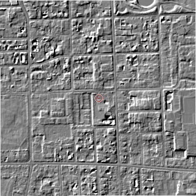 Shaded relief map of the ground around M168PA, computed from Environment Agency LiDAR. The ground here sits at about 30 m above sea level and falls 6 m across the surrounding 800 m. Surface water reaching this point runs off ground lying to the east-south-east, 4.1 m higher.