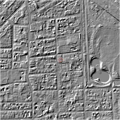 Shaded relief map of the ground around M168PE, computed from Environment Agency LiDAR. The ground here sits at about 30 m above sea level and falls 6 m across the surrounding 800 m. Surface water reaching this point runs off ground lying to the north, 2.7 m higher.