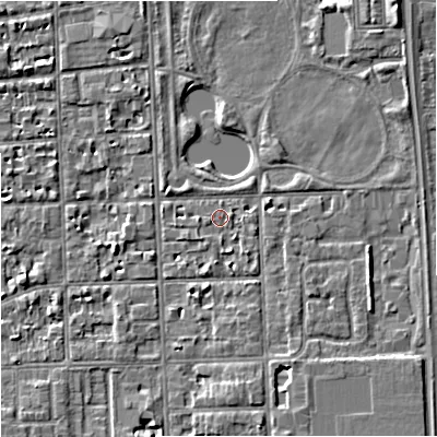 Shaded relief map of the ground around M168PF, computed from Environment Agency LiDAR. The ground here sits at about 30 m above sea level and falls 6 m across the surrounding 800 m. Surface water reaching this point runs off ground lying to the south-east, 1.1 m higher.