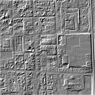 Shaded relief map of the ground around M168PG, computed from Environment Agency LiDAR. The ground here sits at about 32 m above sea level and falls 7 m across the surrounding 800 m. Surface water reaching this point runs off ground lying to the east, 1.3 m higher.