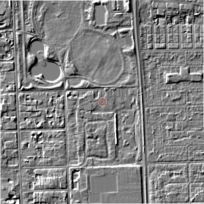 Shaded relief map of the ground around M168PH, computed from Environment Agency LiDAR. The ground here sits at about 31 m above sea level and falls 5 m across the surrounding 800 m. Surface water reaching this point runs off ground lying to the north-north-east, 3.6 m higher.