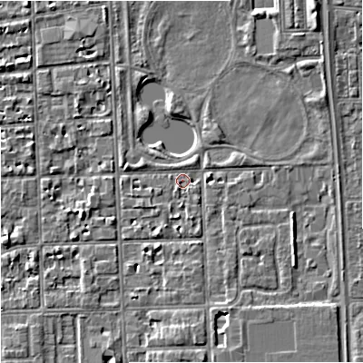Shaded relief map of the ground around M168PJ, computed from Environment Agency LiDAR. The ground here sits at about 30 m above sea level and falls 5 m across the surrounding 800 m. Surface water reaching this point runs off ground lying to the north-east, 4.3 m higher.