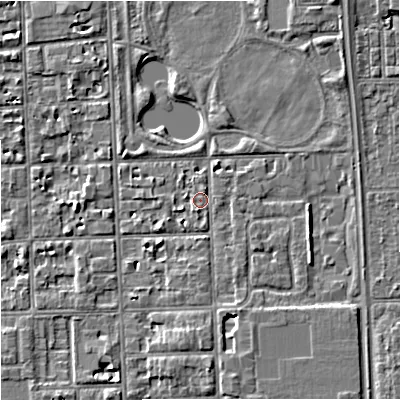 Shaded relief map of the ground around M168PL, computed from Environment Agency LiDAR. The ground here sits at about 31 m above sea level and falls 5 m across the surrounding 800 m. Surface water reaching this point runs off ground lying to the south-south-west, 0.8 m higher.