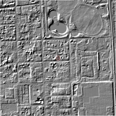 Shaded relief map of the ground around M168PN, computed from Environment Agency LiDAR. The ground here sits at about 31 m above sea level and falls 4 m across the surrounding 800 m. Surface water reaching this point runs off ground lying to the south-south-east, 2.7 m higher.