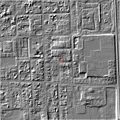 Shaded relief map of the ground around M168PS, computed from Environment Agency LiDAR. The ground here sits at about 31 m above sea level and falls 8 m across the surrounding 800 m. Surface water reaching this point runs off ground lying to the east-south-east, 3.6 m higher.