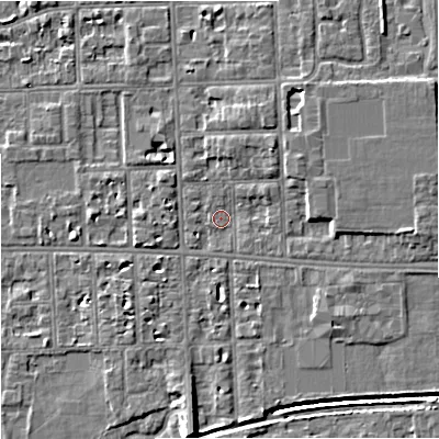 Shaded relief map of the ground around M168PT, computed from Environment Agency LiDAR. The ground here sits at about 30 m above sea level and falls 8 m across the surrounding 800 m. Surface water reaching this point runs off ground lying to the east, 3.6 m higher.