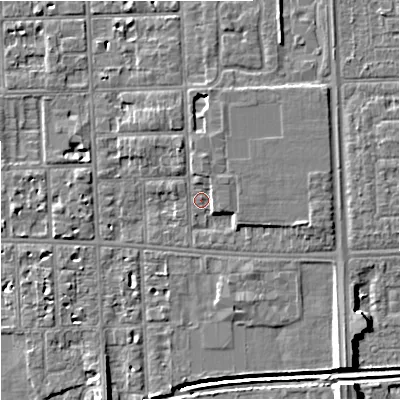 Shaded relief map of the ground around M168PU, computed from Environment Agency LiDAR. The ground here sits at about 31 m above sea level and falls 10 m across the surrounding 800 m. Surface water reaching this point runs off ground lying to the north, 1.8 m higher.
