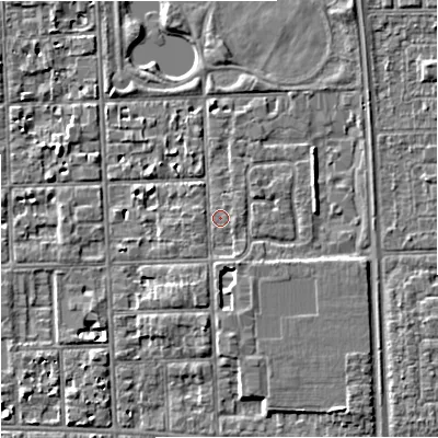 Shaded relief map of the ground around M168PW, computed from Environment Agency LiDAR. The ground here sits at about 31 m above sea level and falls 5 m across the surrounding 800 m. Surface water reaching this point runs off ground lying to the south-south-west, 2.6 m higher.