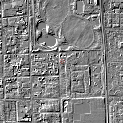 Shaded relief map of the ground around M168PX, computed from Environment Agency LiDAR. The ground here sits at about 31 m above sea level and falls 5 m across the surrounding 800 m. Surface water reaching this point runs off ground lying to the north-north-east, 3.6 m higher.