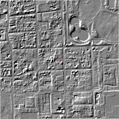 Shaded relief map of the ground around M168QE, computed from Environment Agency LiDAR. The ground here sits at about 30 m above sea level and falls 6 m across the surrounding 800 m. Surface water reaching this point runs off ground lying to the west-south-west, 1.0 m higher.