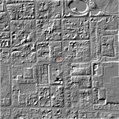 Shaded relief map of the ground around M168QG, computed from Environment Agency LiDAR. The ground here sits at about 30 m above sea level and falls 4 m across the surrounding 800 m. Surface water reaching this point runs off ground lying to the north-west, 0.9 m higher.
