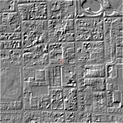 Shaded relief map of the ground around M168QH, computed from Environment Agency LiDAR. The ground here sits at about 30 m above sea level and falls 6 m across the surrounding 800 m. Surface water reaching this point runs off ground lying to the north-east, 0.9 m higher.