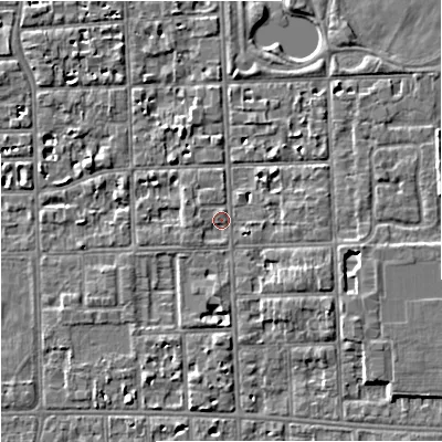Shaded relief map of the ground around M168QJ, computed from Environment Agency LiDAR. The ground here sits at about 30 m above sea level and falls 4 m across the surrounding 800 m. Surface water reaching this point runs off ground lying to the west-north-west, 0.9 m higher.