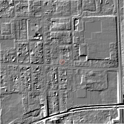 Shaded relief map of the ground around M168QL, computed from Environment Agency LiDAR. The ground here sits at about 31 m above sea level and falls 10 m across the surrounding 800 m. Surface water reaching this point runs off ground lying to the east, 2.8 m higher.