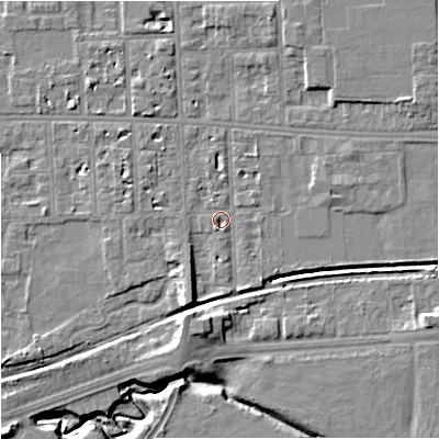 Shaded relief map of the ground around M168QN, computed from Environment Agency LiDAR. The ground here sits at about 30 m above sea level and falls 11 m across the surrounding 800 m. Surface water reaching this point runs off ground lying to the south-south-west, 5.4 m higher.