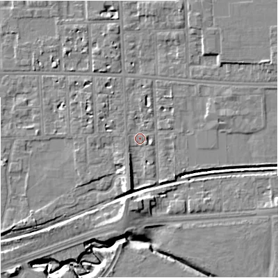 Shaded relief map of the ground around M168QP, computed from Environment Agency LiDAR. The ground here sits at about 31 m above sea level and falls 11 m across the surrounding 800 m. Surface water reaching this point runs off ground lying to the south-south-west, 5.4 m higher.