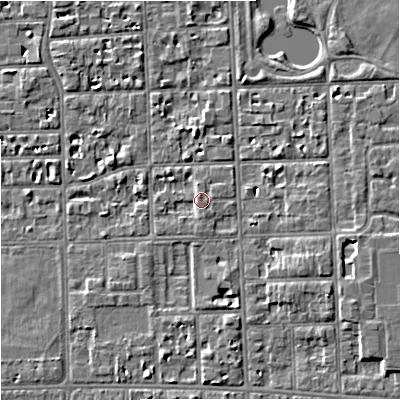 Shaded relief map of the ground around M168QQ, computed from Environment Agency LiDAR. The ground here sits at about 31 m above sea level and falls 6 m across the surrounding 800 m. Surface water reaching this point runs off ground lying to the south, 1.3 m higher.