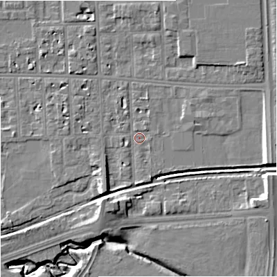 Shaded relief map of the ground around M168QW, computed from Environment Agency LiDAR. The ground here sits at about 31 m above sea level and falls 12 m across the surrounding 800 m. Surface water reaching this point runs off ground lying to the south-south-east, 2.2 m higher.
