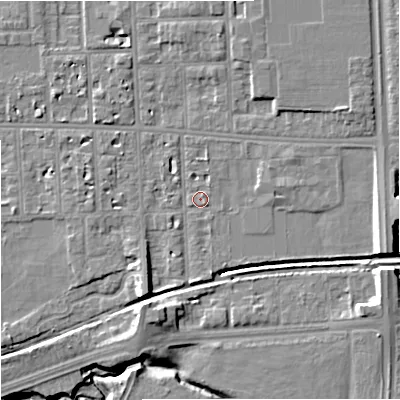 Shaded relief map of the ground around M168QX, computed from Environment Agency LiDAR. The ground here sits at about 31 m above sea level and falls 12 m across the surrounding 800 m. Surface water reaching this point runs off ground lying to the south-east, 0.9 m higher.